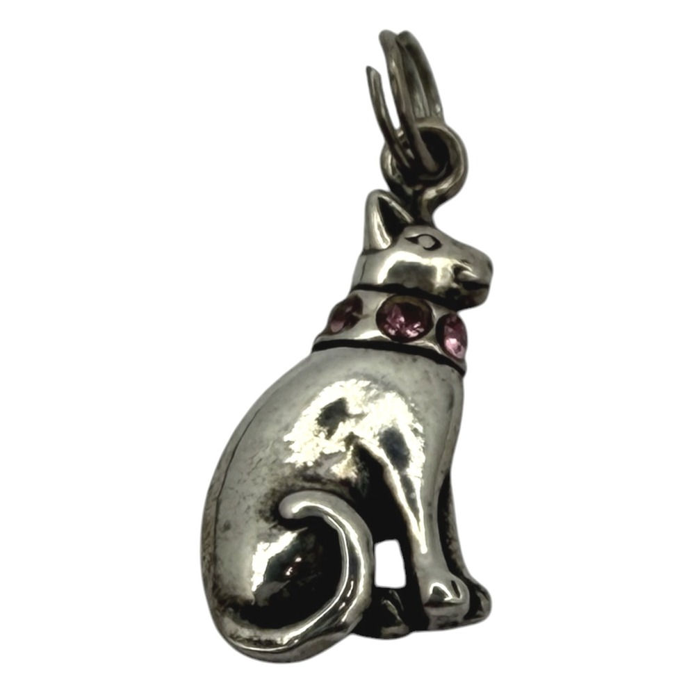 Jezlaine Cat Charm Sterling Silver Small Pink Rhinestone Collar Pendant